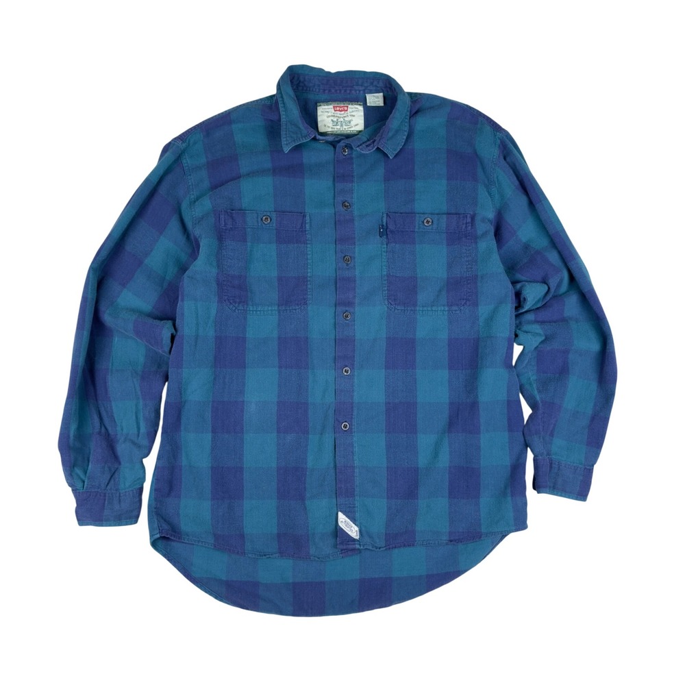 Vintage Levi's Blue Tab Flannel Shirt Men's Large Blue‎ Green Plaid 90s Grunge